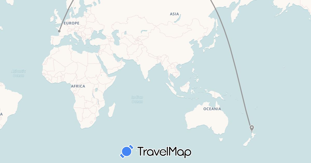 TravelMap itinerary: driving, plane in France, New Zealand (Europe, Oceania)